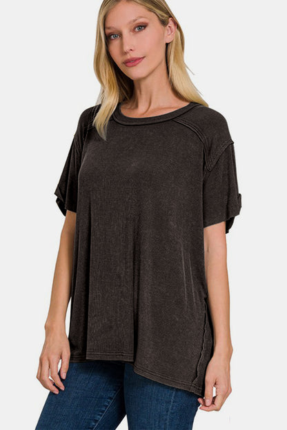 Zenana Washed Ribbed Short Sleeve Top