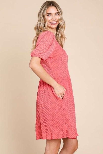 Culture Code Full Size Textured Round Neck Puff Sleeve Dress