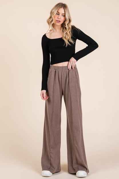 BOMBOM Elastic Waist Wide Leg Pants with Pockets