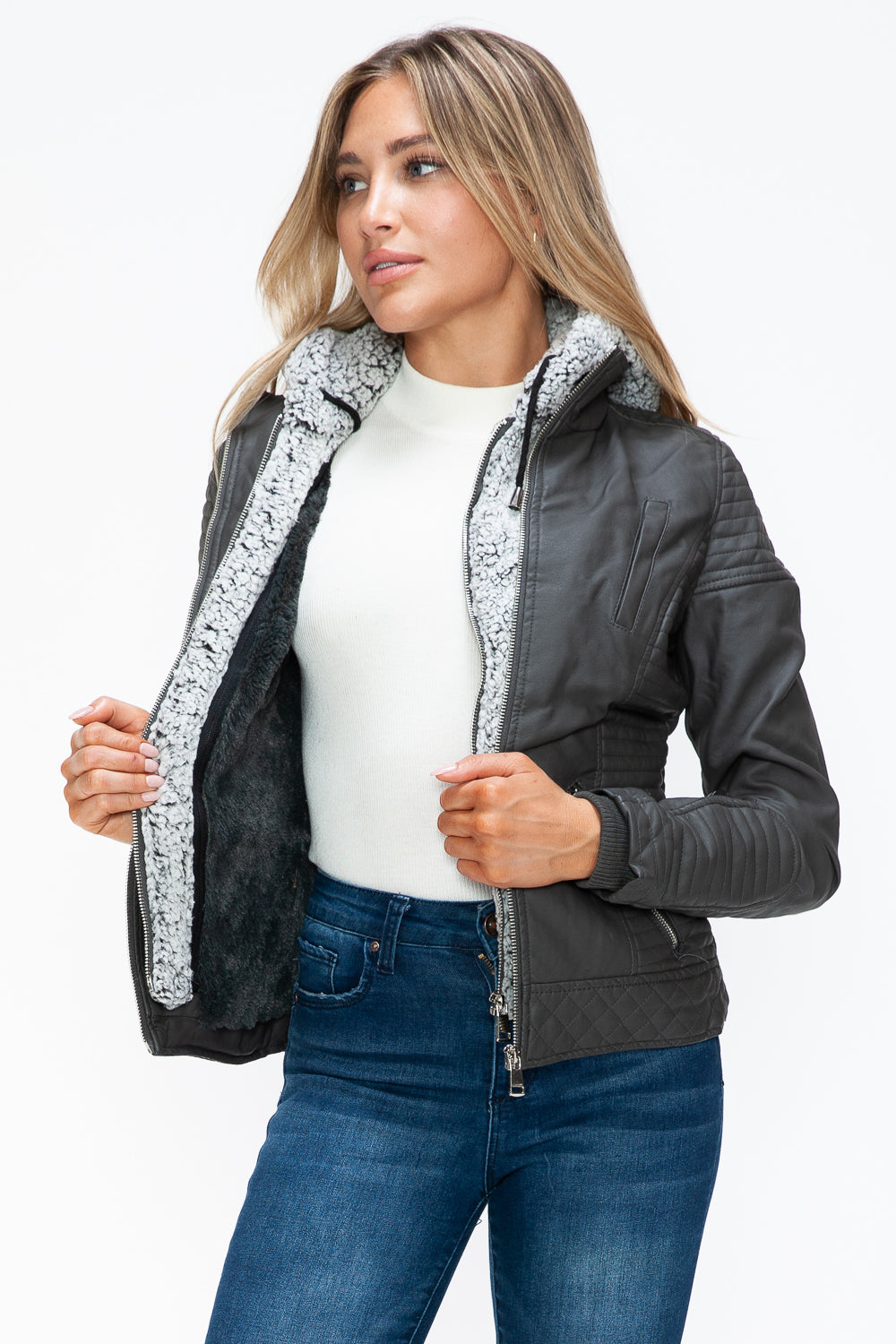 YMI Faux Layered Double-Zipper Jacket with Fuzzy Hood