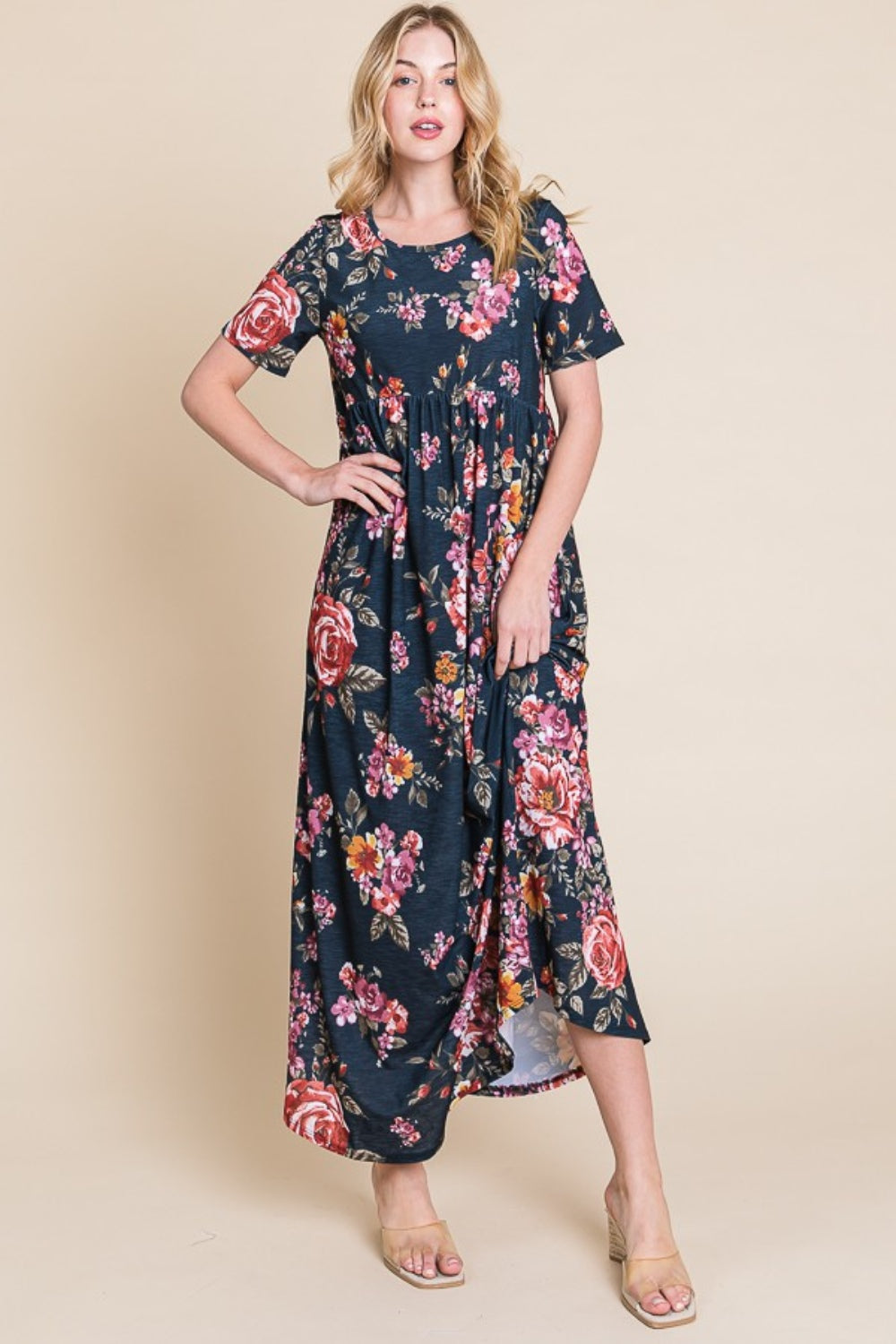 BOMBOM Floral Short Sleeve Maxi Dress