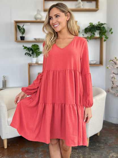 Double Take Full Size V-Neck Balloon Sleeve Tiered Dress with Pockets