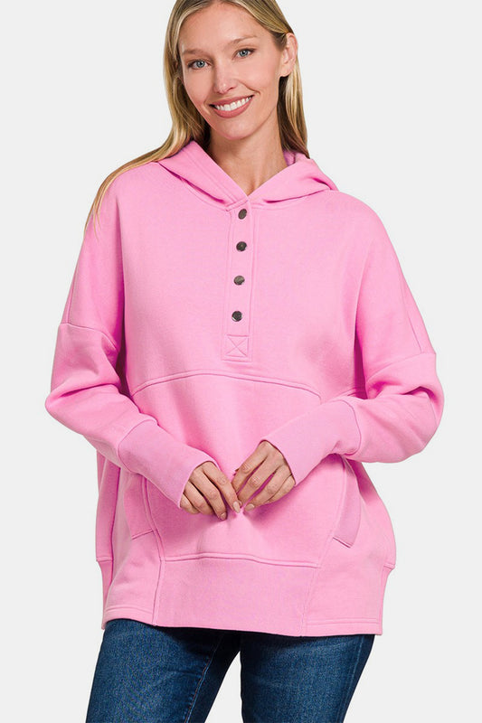 Zenana Half Snap Long Sleeve Hoodie with Kangaroo Pocket