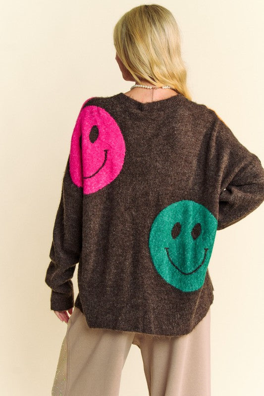 Davi & Dani Contrast Smile Round Neck Oversize Sweater