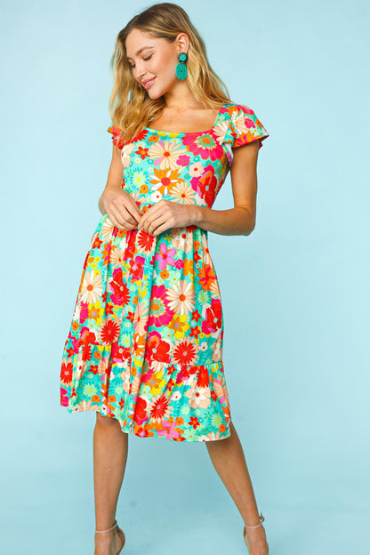 Haptics Floral Square Neck Short Sleeve Dress