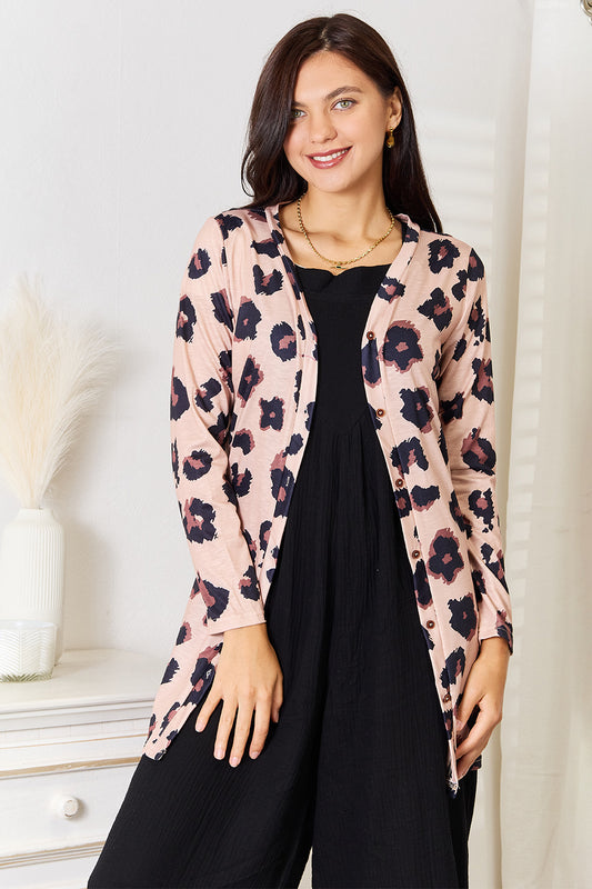 Double Take Printed Button Front Longline Cardigan