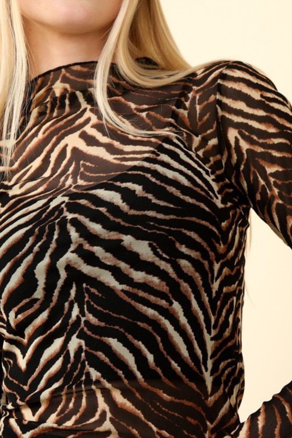 VERY J  Zebra Print Mock Neck Sheer Mesh Blouse