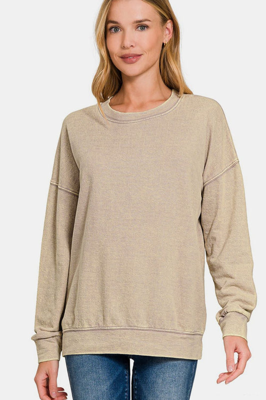 Zenana Washed Round Neck Dropped Shoulder Sweatshirt