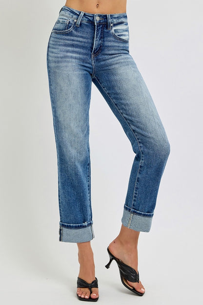 RISEN Full Size High Rise Crop Straight Roll Up Jeans