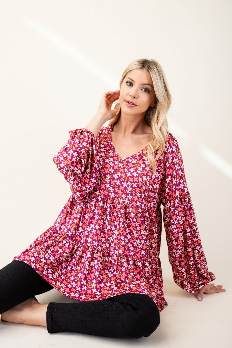 Celeste Full Size Floral V-Neck Balloon Sleeve Blouse