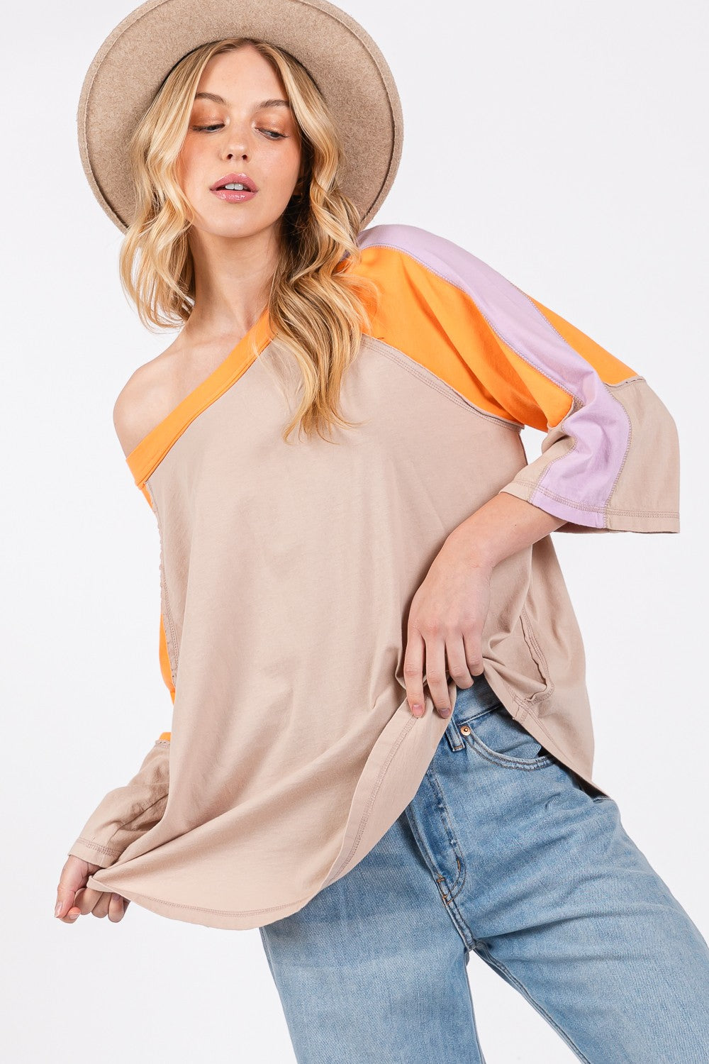 SAGE + FIG Color Block Curved Hem T-Shirt