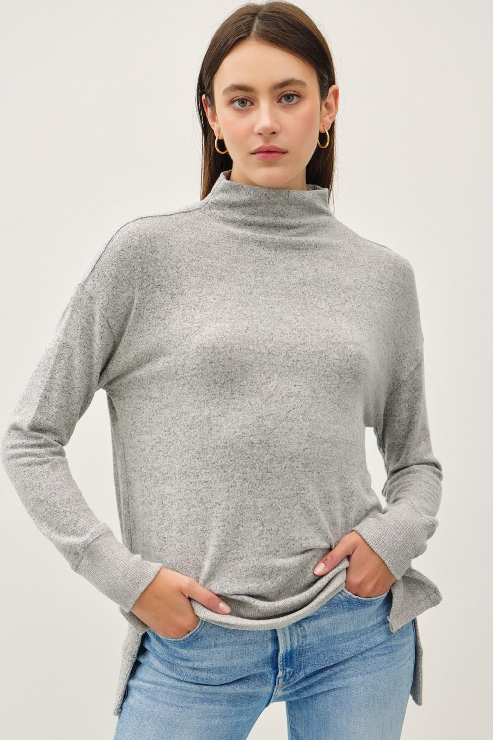 Be Cool Side Slit Mock Neck Long Sleeve Tunic Top