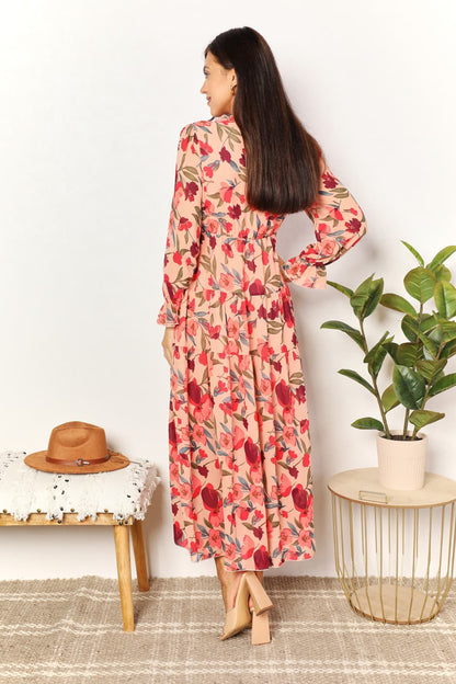 Double Take Floral Frill Trim Flounce Sleeve Plunge Maxi Dress