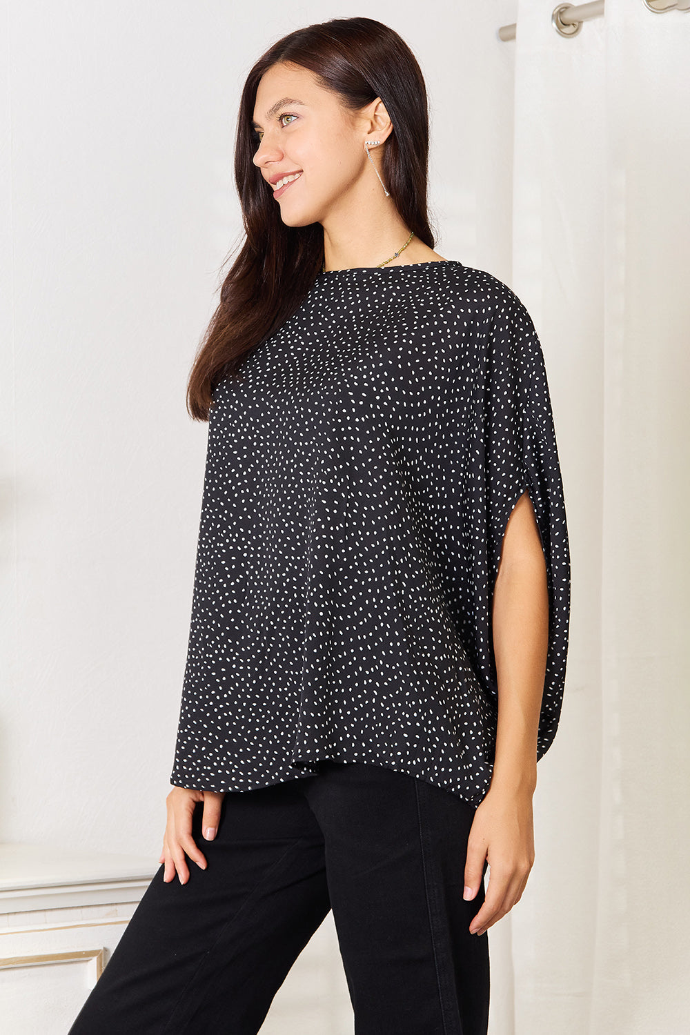 Perfee Printed Dolman Sleeve Round Neck Blouse