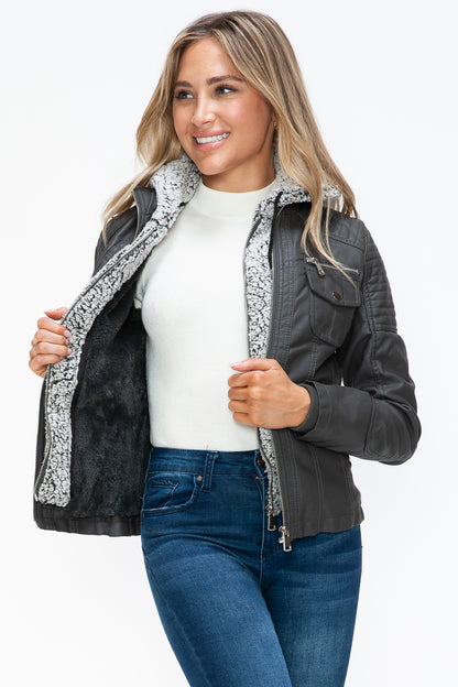 YMI Removable Faux Layered Multi-Pocket Jacket with Fuzzy Hood