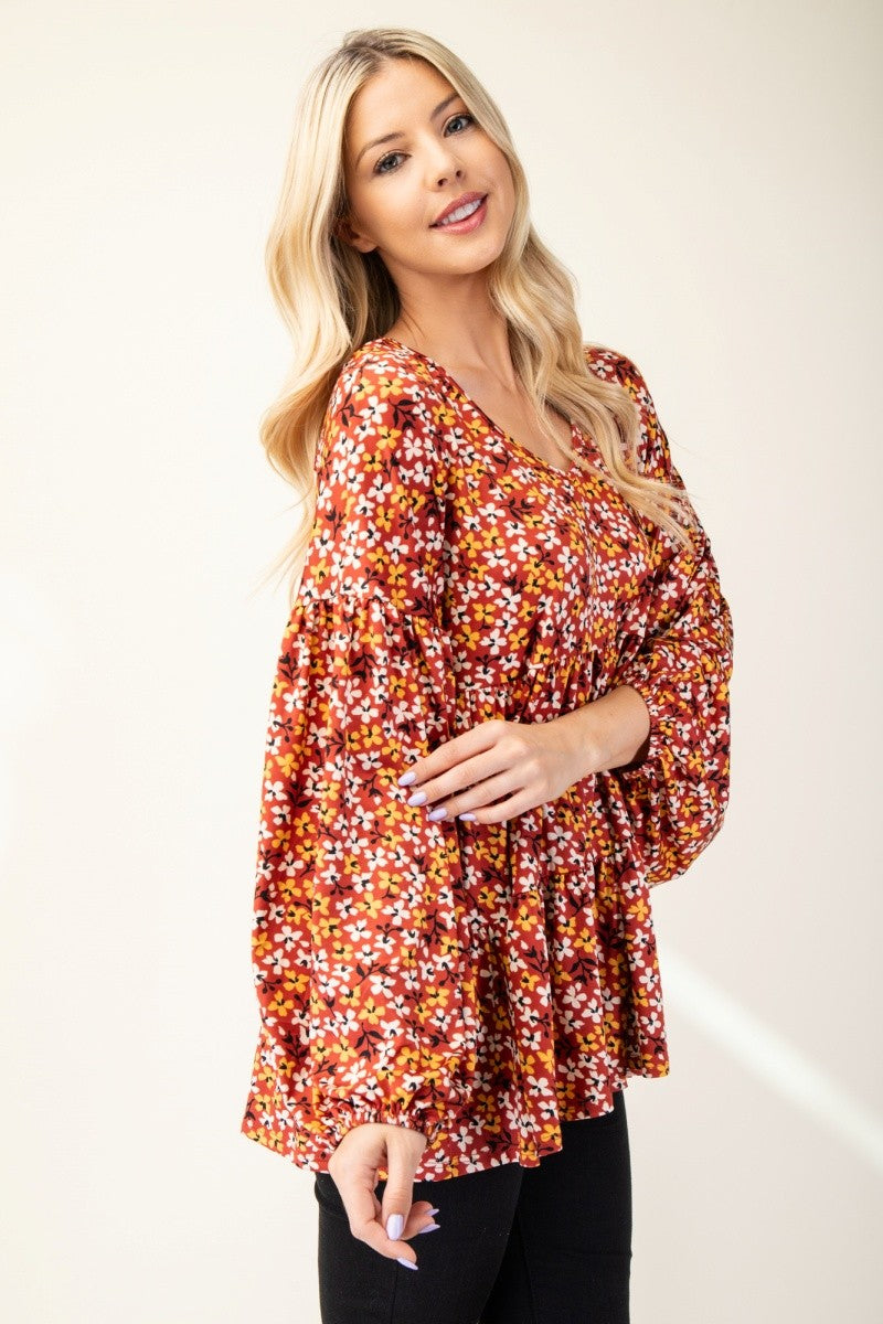 Celeste Full Size Floral V-Neck Balloon Sleeve Blouse