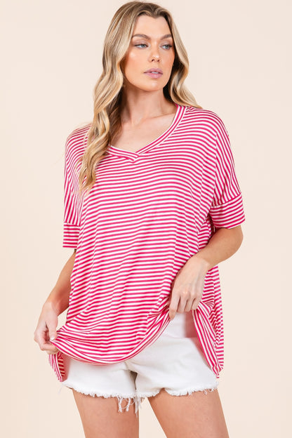 BOMBOM Striped V-Neck T-Shirt