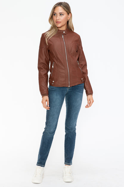 Snobbish Faux Leather Biker Jacket with Side Zip Pockets