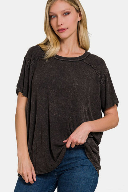 Zenana Washed Ribbed Short Sleeve Top