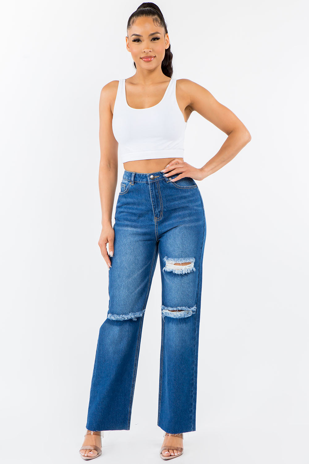 American Bazi High Waist Distressed Wide Leg Jeans