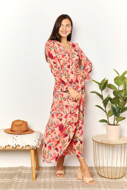 Double Take Floral Frill Trim Flounce Sleeve Plunge Maxi Dress