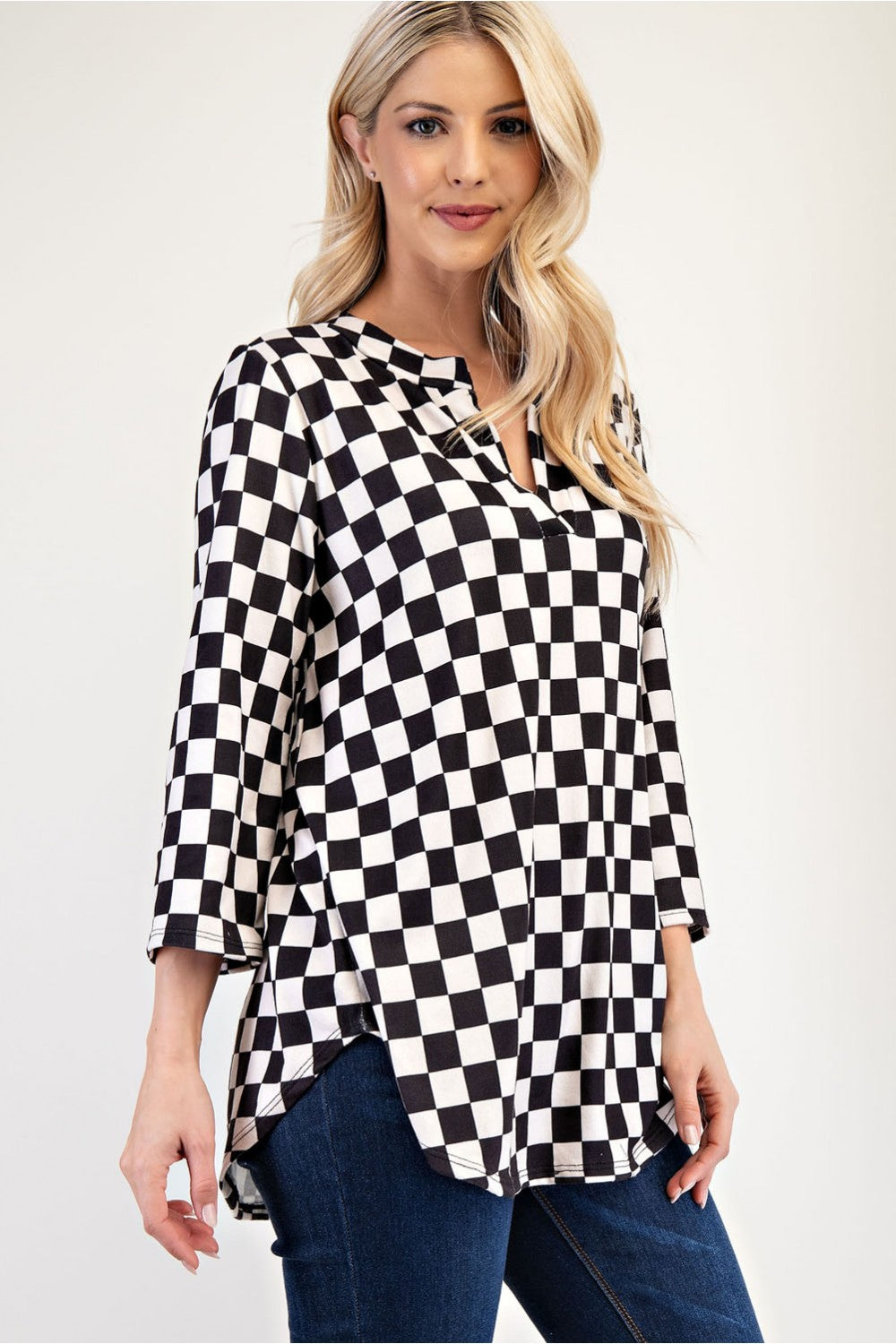 Celeste Full Size Curved Hem Checkered Notched Blouse