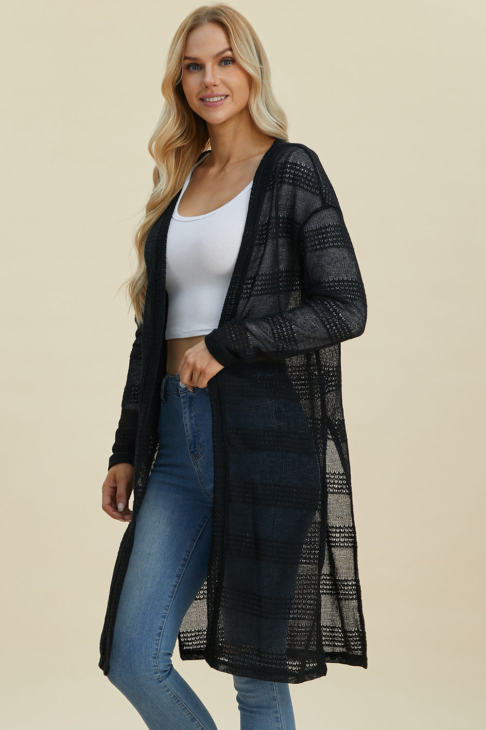 Double Take Full Size Open Front Longline Cardigan