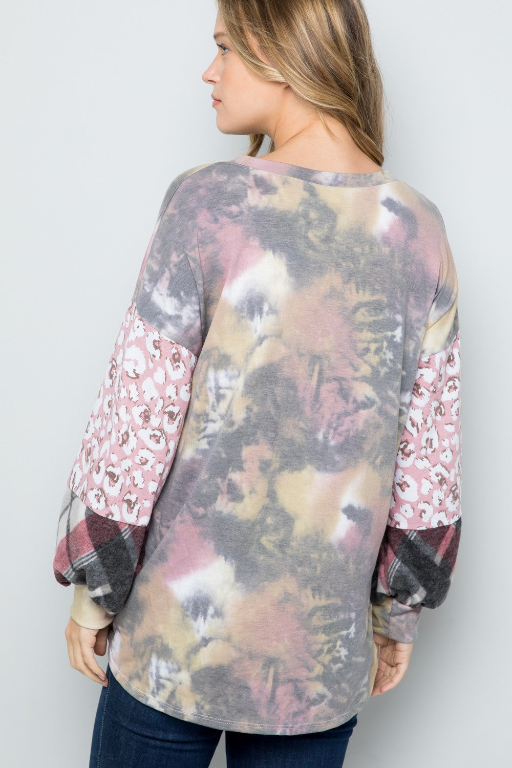 Celeste Tie-Dye V-Neck Printed Sleeve Blouse