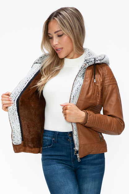 YMI Faux Layered Double-Zipper Jacket with Fuzzy Hood